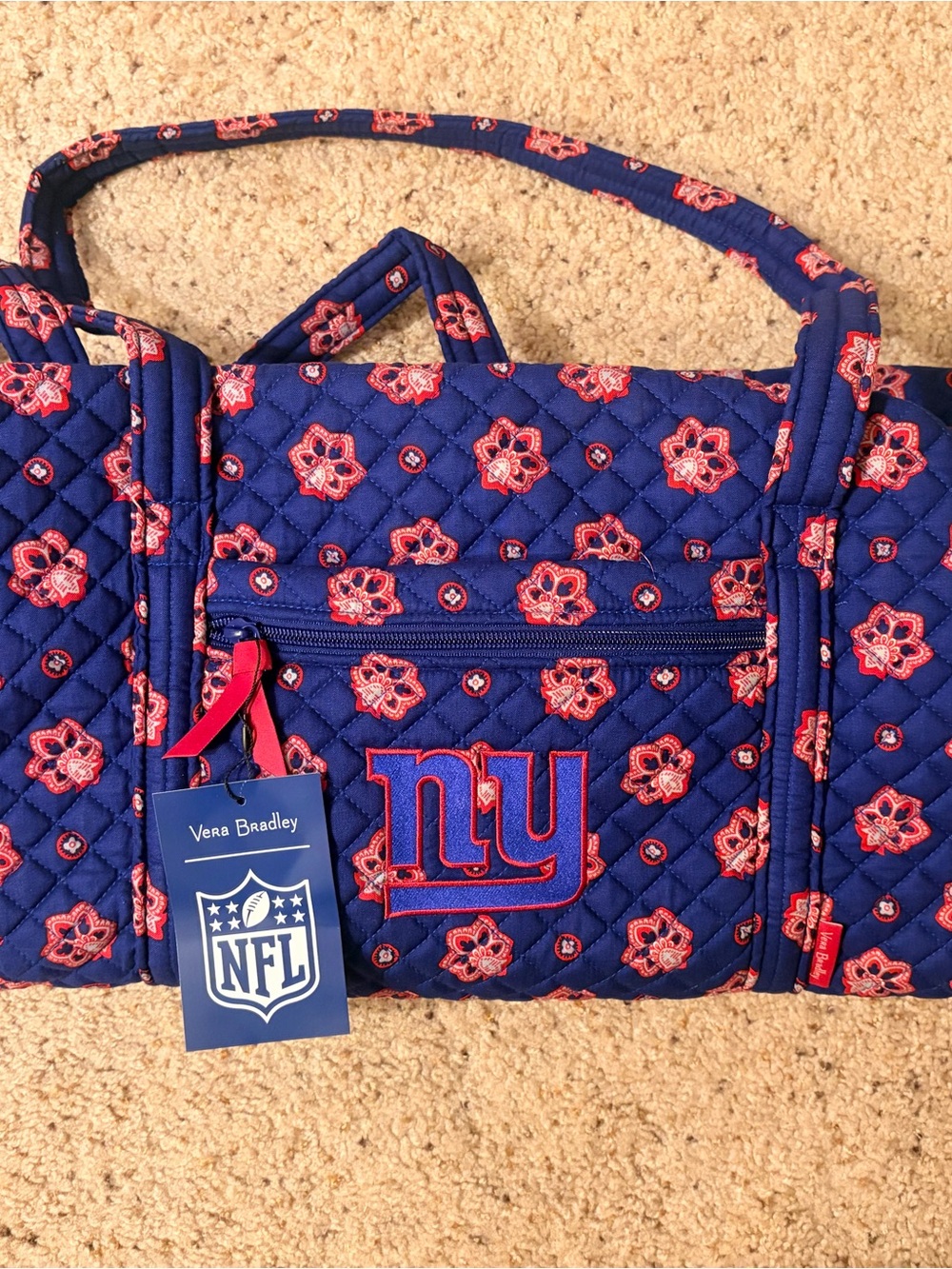 Vera Bradley Quilted Navy Blue Giants Tote with Red Floral Accents